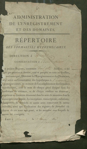 Répertoire des formalités hypothécaires, du 05/09/1813 au 20/09/1814, registre n° 067 (Péronne)