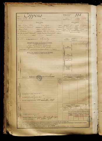 Coppens, Cyrille Emile, né le 18 juin 1862 à Deux-Acren (Lessines) (Belgique), classe 1897, matricule n° 338, Bureau de recrutement de Péronne