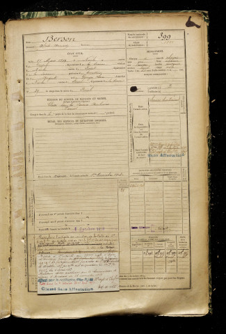 Berson, Alcide Armand, né le 15 mars 1879 à Nurlu (Somme), classe 1899, matricule n° 399, Bureau de recrutement de Péronne