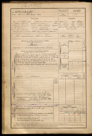 Lesage, Edouard Louis Joseph, né le 18 octobre 1867 à Camps-en-Amiénois (Somme), classe 1887, matricule n° 1160, Bureau de recrutement d'Amiens