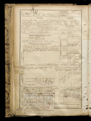 Hy, Nicolas Emile Théodore, né le 06 décembre 1876 à Buigny-lès-Gamaches (Somme), classe 1896, matricule n° 1238, Bureau de recrutement d'Abbeville