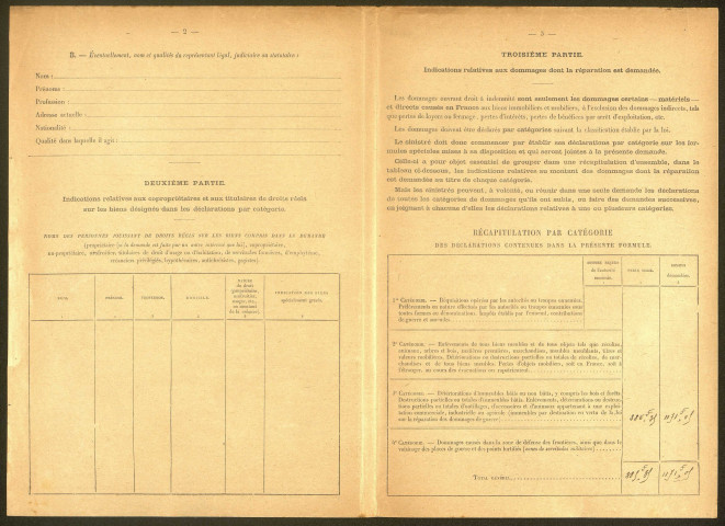 Feuillères. Demande d'indemnisation des dommages de guerre : dossier Legrand-Vitel