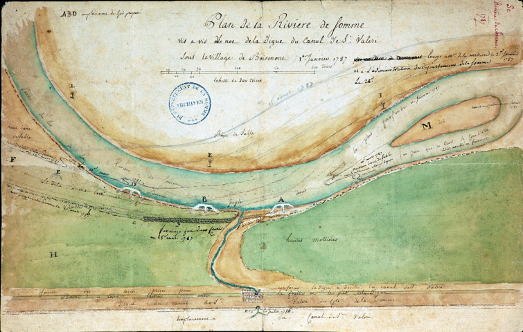 Plan de la riviere de Somme vis à vis le noc de la digue de st Valeri sous le village de Boismont 1er janvier 1787