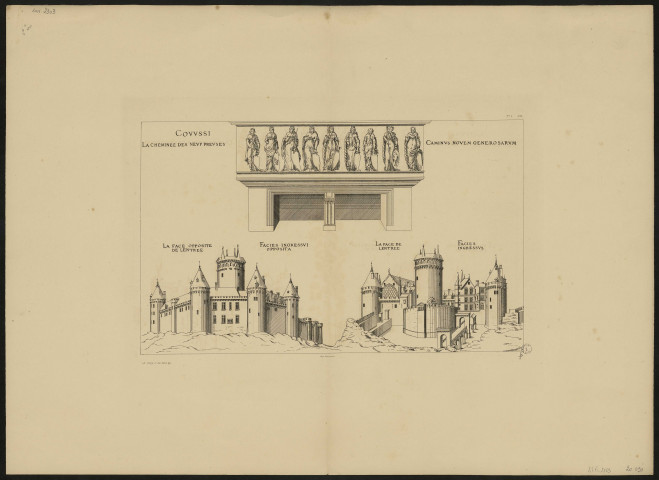 Covvssi. La cheminée des nevf prevses. Caminvs novem generosarvm. La face oppsite de l'entrée. Facies ingressvi opposita. La face de lentrée. Facies ingrssvs