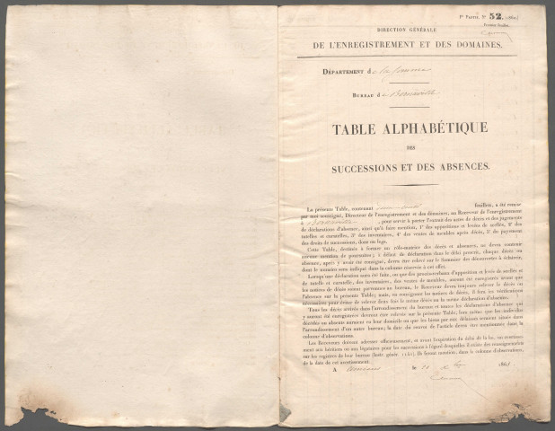 Table des successions et absences du bureau de Bernaville