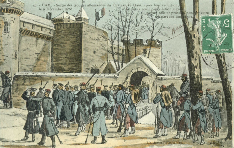 Sortie des troupes allemandes du château de Ham, après leur reddition le 9 décembre 1870 - Ce fut la seule capitulation signée par un officier prussien pendant cette malheureuse campagne