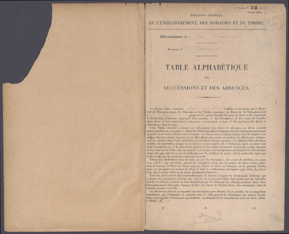 Table des successions et absences du bureau d'Albert