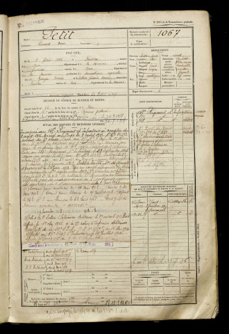 Petit, Léonard Oscar, né le 09 février 1896 à Favières (Somme), classe 1916, matricule n° 1067, Bureau de recrutement d'Abbeville