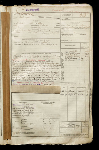 Grenet, Marcel Eugène, né le 07 avril 1893 à Albert (Somme), classe 1913, matricule n° 513, Bureau de recrutement de Péronne