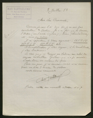 Témoignage de Barthélémy, Max et correspondance avec Jacques Péricard