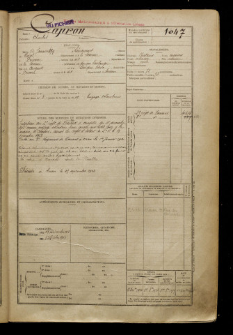 Capron, Charles, né le 12 janvier 1899 à Liéramont (Somme), classe 1919, matricule n° 1047, Bureau de recrutement de Péronne