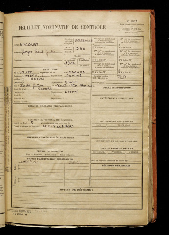 Bacquet, Georges René Jules, né le 09 août 1892 à Caours (Somme), classe 1912, matricule n° 350, Bureau de recrutement d'Abbeville