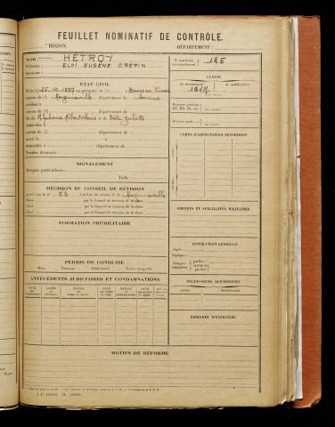 Hétroy, Eloi Eugène Crépin, né le 25 octobre 1897 à Tours-en-Vimeu (Somme), classe 1917, matricule n° 125, Bureau de recrutement d'Abbeville
