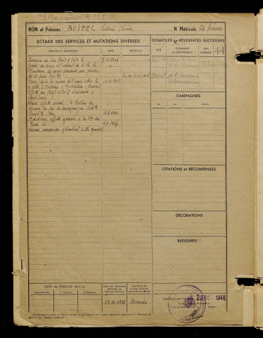 Boitel, Fortuné Olivier, né le 26 octobre 1886 à Lignières (Somme), classe 1906, matricule n° 64, Bureau de recrutement de Péronne