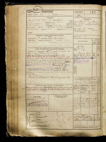 Dumont, Eugène Léon, né le 25 août 1896 à Montdidier (Somme), classe 1916, matricule n° 182, Bureau de recrutement de Péronne