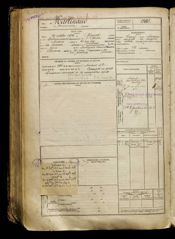 Martinaud, Alexandre, né le 27 octobre 1894 à Bézenet (Allier), classe 1914, matricule n° 1380, Bureau de recrutement d'Amiens