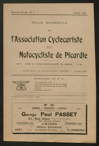 Revue mensuelle de l'association cyclecariste et motocycliste de Picardie - 1ère année, numéro 3