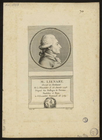 70. Mr Liénart Avocat au Parlement, né à Montdidier le 28 Janvier 1748. Député des Baillages de Péronne, Montdidier et Roye à l'Assemblée Nationale de 1789