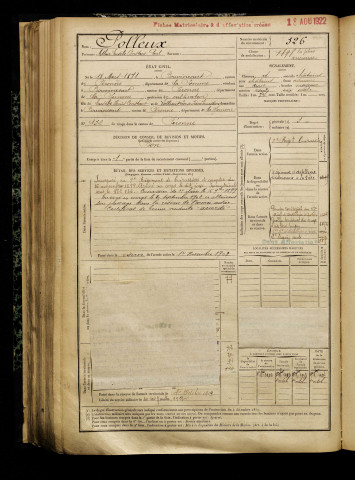 Polleux, Arthur Eusèbe Constant Paul, né le 18 mars 1878 à Bouvincourt-en-Vermandois (Somme), classe 1898, matricule n° 326, Bureau de recrutement de Péronne