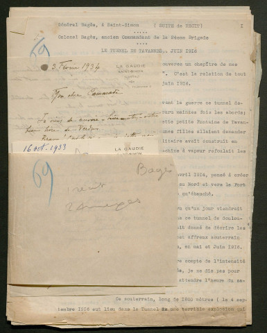 Témoignage de Bagès, (Colonel) et correspondance avec Jacques Péricard