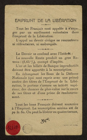 EMPRUNT DE LA LIBERATION. LES VAINQUEURS DE LA MARNE 1914-1918. MARECHAL FOHC..