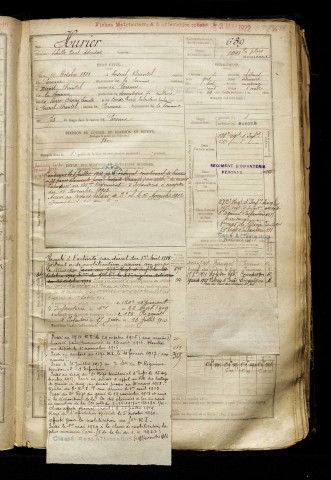 Hurier, Achille Paul Adéodat, né le 19 octobre 1881 à Mesnil-Bruntel (Somme), classe 1901, matricule n° 639, Bureau de recrutement de Péronne