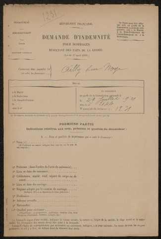 Ailly-sur-Noye. Demande d'indemnisation des dommages de guerre : dossier Vasset-Ossart