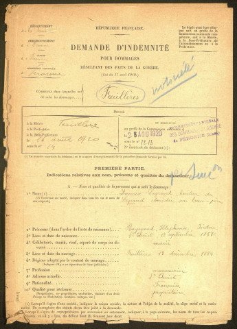 Feuillères. Demande d'indemnisation des dommages de guerre : dossier Lacroix-Legrand