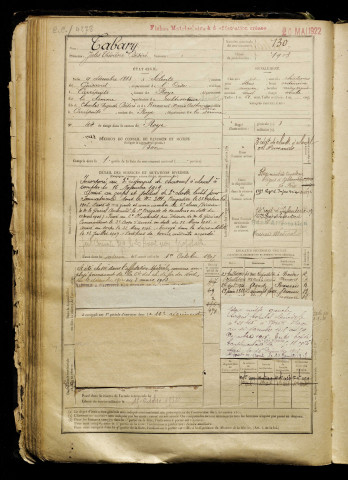 Tabary, Jules Théodore Désiré, né le 09 décembre 1883 à Solente (Oise), classe 1903, matricule n° 130, Bureau de recrutement de Péronne