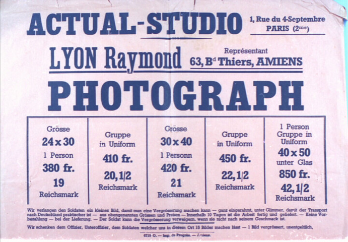 Affiche publicitaire en langue allemande annonçant les tarifs de portraits photographiques. Actual-Studio - Lyon, Raymond - Photograph
