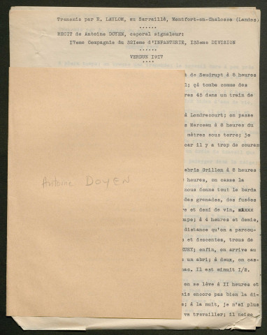 Témoignage de Doyen, Antoine et correspondance avec Jacques Péricard