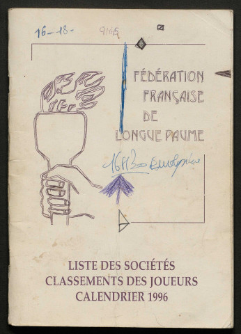 Opuscule (année 1996). Fédération française de Longue Paume : liste des sociétés, classement des joueurs et calendrier