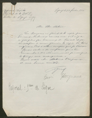 Témoignage de Degraux, Désiré (Caporal - Président de la FNI) et correspondance avec Jacques Péricard
