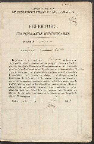 Répertoire des formalités hypothécaires, du 29/05/1841 au 21/03/1842, volume n° 64 (Conservation des hypothèques de Doullens)