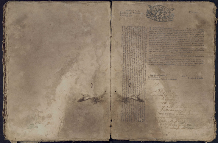 Chirmont (Saint-Michel) : baptêmes, mariages, sépultures (1701-1720, 1724-1734, 1736-1741, 1743-1765, an 2) - Registre très endommagé (numérisation incomplète)