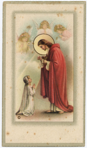 Le Christ donnant la communion à une jeune fille. Souvenir de communion solennelle de Josette Delattre faite le 9 juin 1957