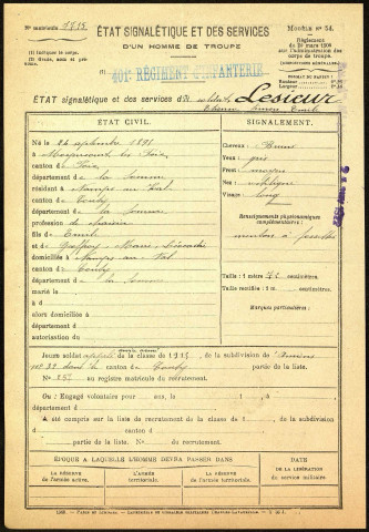 Lesieur, Etienne Simon Emile, né le 24 septembre 1895 à Moyencourt-les-Poix (Somme), classe 1915, matricule n° 257, Bureau de recrutement d'Amiens