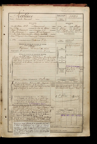 Laloux, Charles François, né le 14 mars 1873 à Cagnicourt (Pas-de-Calais), classe 1893, matricule n° 1123, Bureau de recrutement d'Amiens