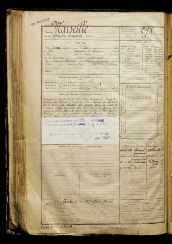 Marseille, Maurice Armand, né le 06 août 1900 à Rue (Somme), classe 1920, matricule n° 278, Bureau de recrutement d'Abbeville