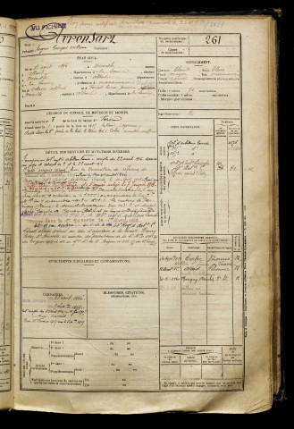Avronsart, Eugène Georges Octave, né le 12 août 1896 à Méaulte (Somme), classe 1916, matricule n° 261, Bureau de recrutement de Péronne