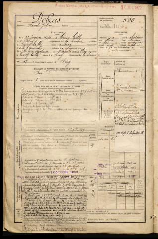 Debras, Marcel Julien, né le 31 janvier 1875 à Cerisy (Somme), classe 1895, matricule n° 500, Bureau de recrutement de Péronne