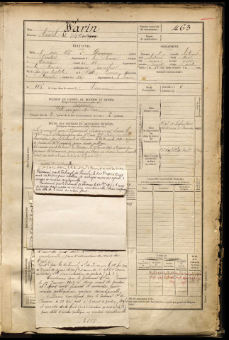 Warin, Anatole, né le 15 juin 1865 à Dompierre-Becquincourt (Somme), classe 1885, matricule n° 463, Bureau de recrutement de Péronne