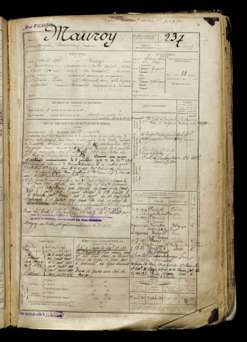 Mauroy, Eugène Bernardin, né le 05 août 1888 à Beuvry (Pas-de-Calais), classe 1910, matricule n° 237, Bureau de recrutement d'Abbeville