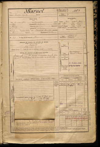 Warnet, Nicolas Cyrille, né le 15 août 1868 à Courcelette (Somme), classe 1888, matricule n° 485, Bureau de recrutement de Péronne