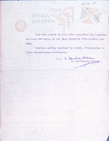 Lettre du Parti Populaire Français adressée au Préfet de la Somme suite à des incidents survenus dans la commune de Villers-Bretonneux contre le Maréchal Pétain