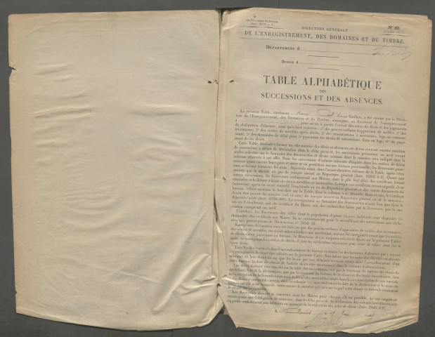 Table des successions et absences du bureau de Bray-sur-Somme