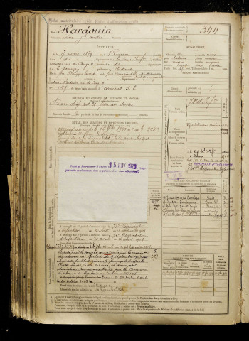 Hardouin, Léon Joseph André, né le 17 mars 1879 à Rouen (Seine-Maritime), classe 1899, matricule n° 344, Bureau de recrutement d'Amiens
