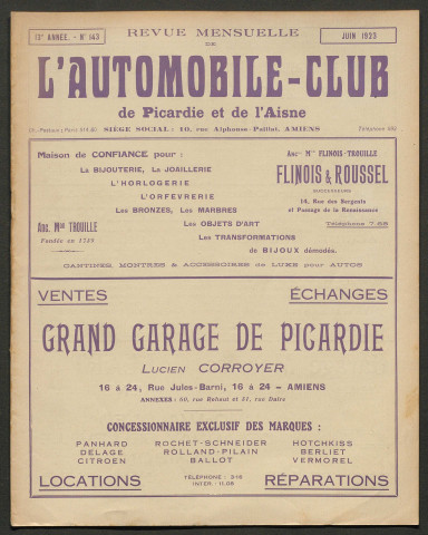 L'Automobile-club de Picardie et de l'Aisne. Revue mensuelle, 143, juin 1923
