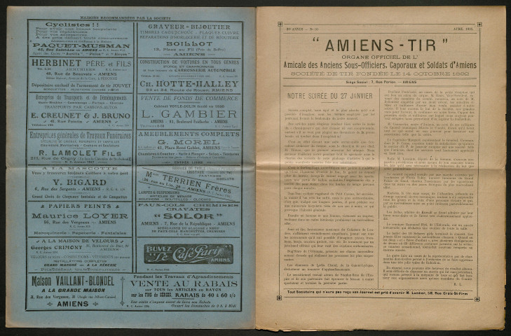 Amiens-tir, organe officiel de l'amicale des anciens sous-officiers, caporaux et soldats d'Amiens, numéro 10 (avril 1925)