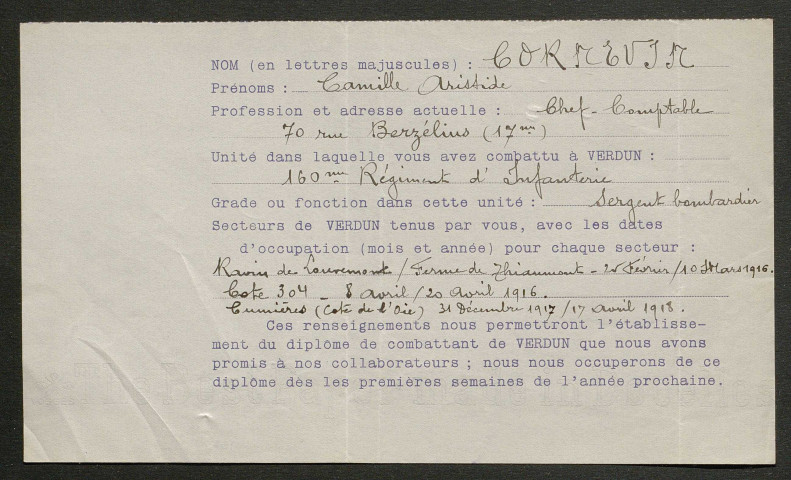 Témoignage de Corenevin, Camille et correspondance avec Jacques Péricard